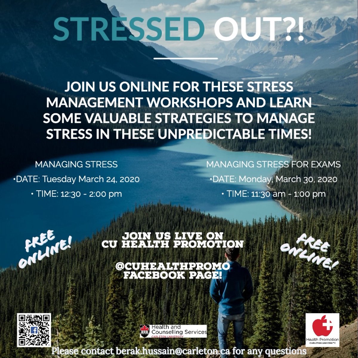CarletonISSO's tweet photo. Join 
@CUHealthPromo
 for these live Stress Management Workshops on their Facebook page to learn some valuable strategies for dealing with stress during these tumultuous times.

The workshops will be presented by registered psychotherapist, Berak Hussain!
https://t.co/pFmZ3t9U0I https://t.co/qdA9BuHWTL