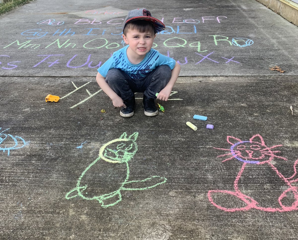 KatieRunkel's tweet photo. @projectbefore1 Parker wore his Spring Blue shirt today while we did some learning outside. We did a letter search with sidewalk chalk and learned how to draw a cat starting with the letter C. And ending with some kite flying to see the different way the wind blows. https://t.co/76hKIeOsZJ
