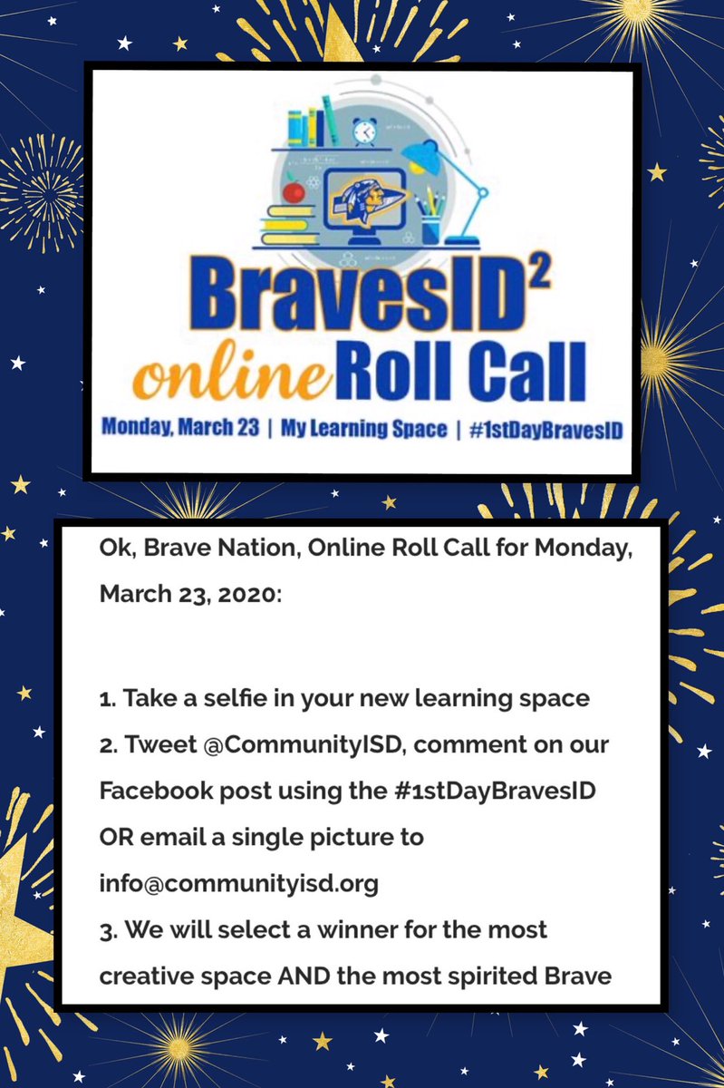 Just to reiterate what CommunityISD posted. Visit to find more info: communityisd.org/Page/3721
#1stdaybravesid #community #wemissyou #connection #Combatsocialisolation @EMSBraves