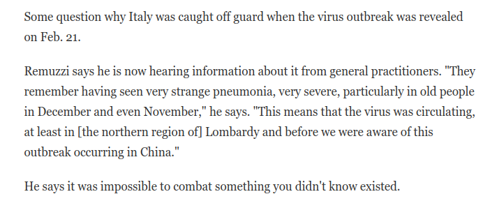 Italian general practitioners reported strange, severe cases of pneumonia in older patients as early as November:  https://twitter.com/robkajiwara/status/1240905148060168193