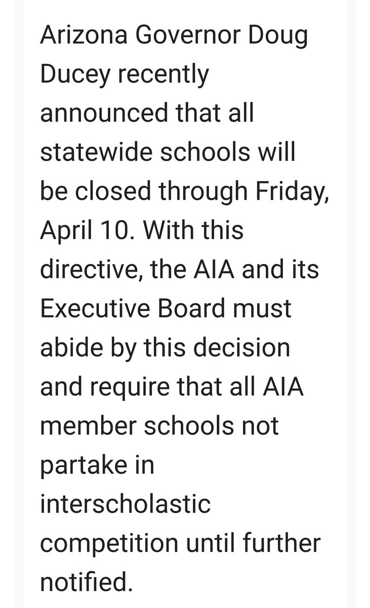 SarahKezele's tweet photo. The AIA, Arizona's governing body for HS sports, just announced that with Gov. Ducey's ruling that schools remain closed through April 10, the return to HS athletics is also delayed. 

State championships for spring sports are still on the table ... for now. https://t.co/C18nXs4E6N