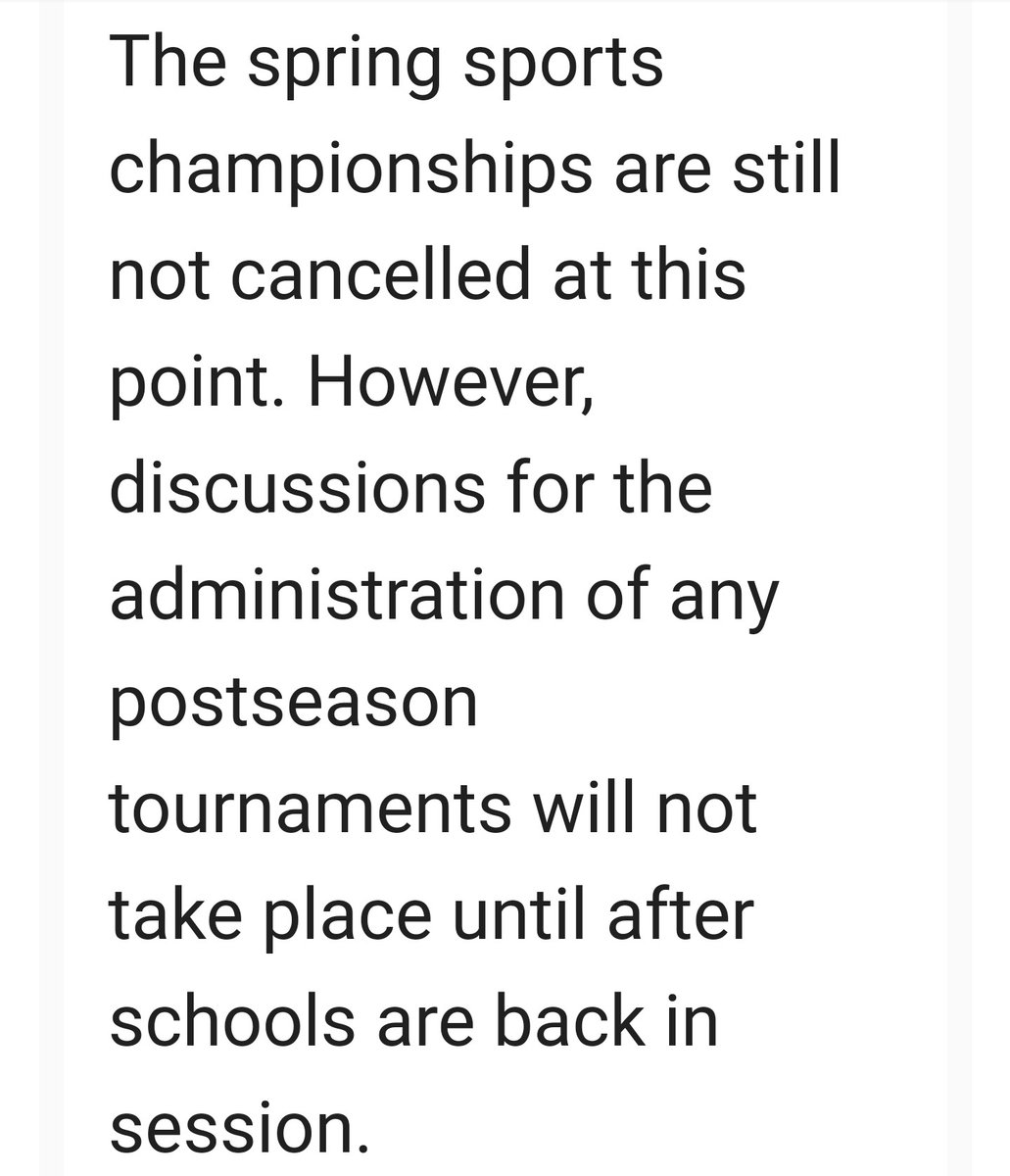 SarahKezele's tweet photo. The AIA, Arizona's governing body for HS sports, just announced that with Gov. Ducey's ruling that schools remain closed through April 10, the return to HS athletics is also delayed. 

State championships for spring sports are still on the table ... for now. https://t.co/C18nXs4E6N