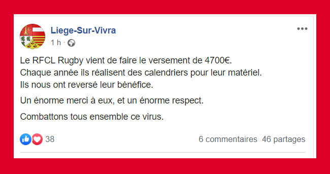 Sportkipik's tweet photo. Saluons le beau geste du @rugbyliege, qui a reversé les bénéfices de la vente de son calendrier (4700€) pour contribuer à l'achat de matériel médical dans la lutte contre le coronavirus, plus précisément un respirateur pour l'hôpital.
#rugby #solidarité #respectourvalues https://t.co/QRTLsOFx3Y