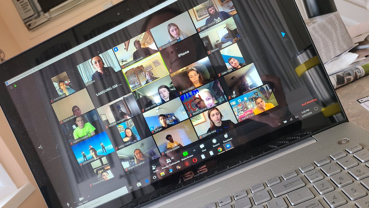CoachKatieRees's tweet photo. Finally got to "see" everyone on AUTF since all these changes happened! 
Team Meeting, via Zoom. #technologyFTW https://t.co/Fawq1pNv4f
