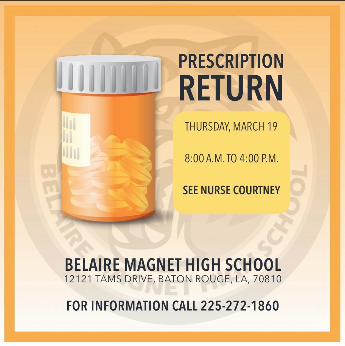 belaire_high's tweet photo. Prescriptions were returned to parents on Thursday, March 19, 2020 from 8:00 a.m. to 4:00 p.m. For additional questions call 225-922-5400. https://t.co/pNaQpBhqHD