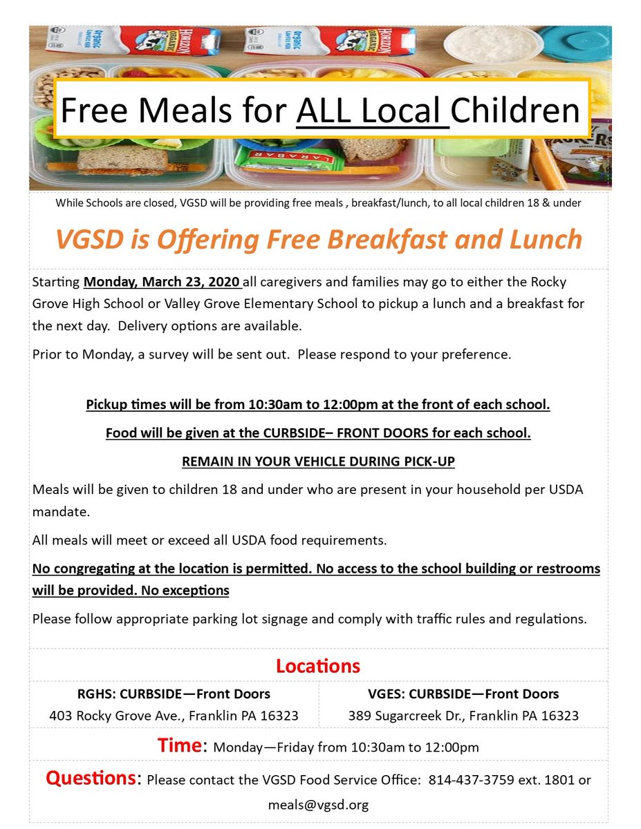 ValleyGroveSD's tweet photo. APPROVED!  VGSD was approved to provide free meals to our local children during the school closures.  Starting Monday, March 23rd, lunches and a breakfast for the next day will be provided through building pick up or delivery.  See attached. https://t.co/k6muMTZuoM