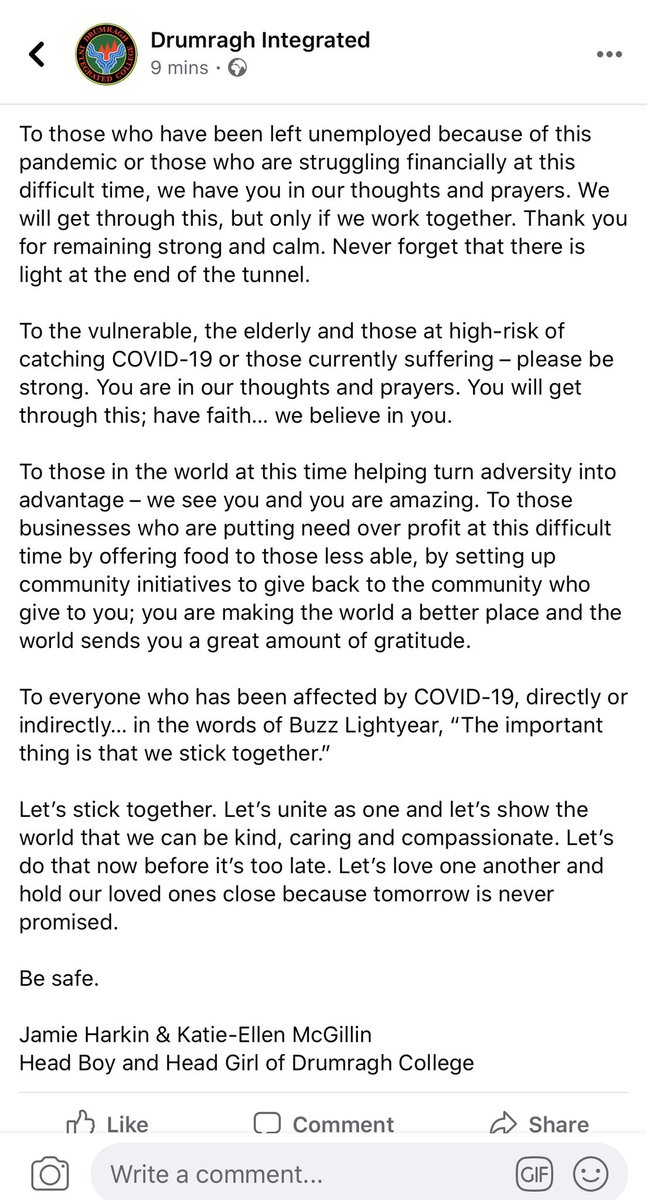 I’m sharing this with you all as head-boy of Drumragh College.
‘We need to stick together’.