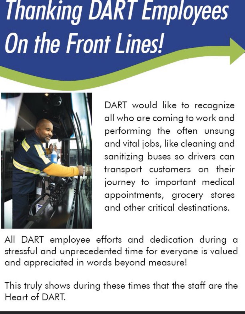 Dartfirststate's tweet photo. We appreciate our front line employees during this time! #besafe #bewell #DARTDE #NETDE #transitlife #thanksforriding https://t.co/ObtjqMuROY