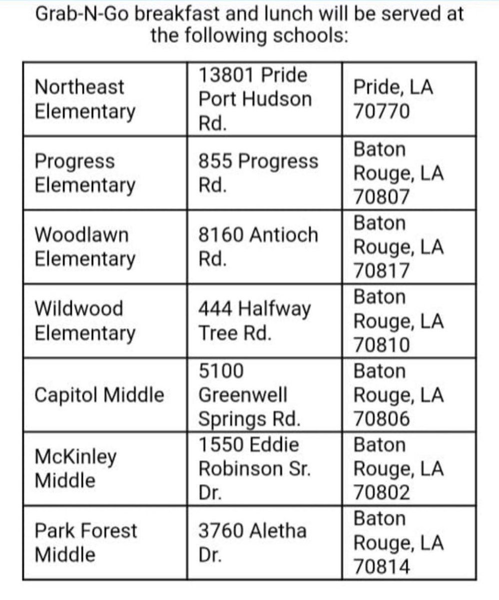 belaire_high's tweet photo. While supplies last- Meals for EBR School students at the following sites from 10am-1pm. At least one child must be present to receive meals. (March 18 - April 13). https://t.co/TkHo6zQv4n