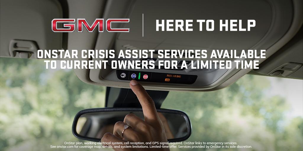GMC's tweet photo. #GMC is here to help. OnStar Crisis Assist services and 3GB/3 months of in-vehicle Wi-Fi data are available to current owners for a limited time. Access Advisors who are ready to help 24/7 during emergencies and other unexpected situations. Get Details at https://t.co/ItROiQ95tL https://t.co/mBFic2KGm1