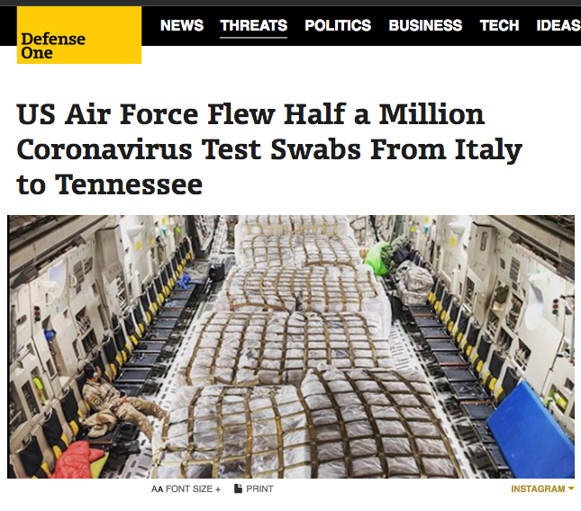 A shortage of Swabs (glorified Q-tips) also limit US testing. An Italian MNC is manufacturing them at speed but Fedex cargo planes are disrupted. Enter: US military transport airlifts. Just as Ma's donation, all land in Memphis.  https://www.businessinsider.com/air-force-flew-coronavirus-test-swabs-to-us-from-italy-2020-3 https://twitter.com/Bob_Wachter/status/1240860134034685956