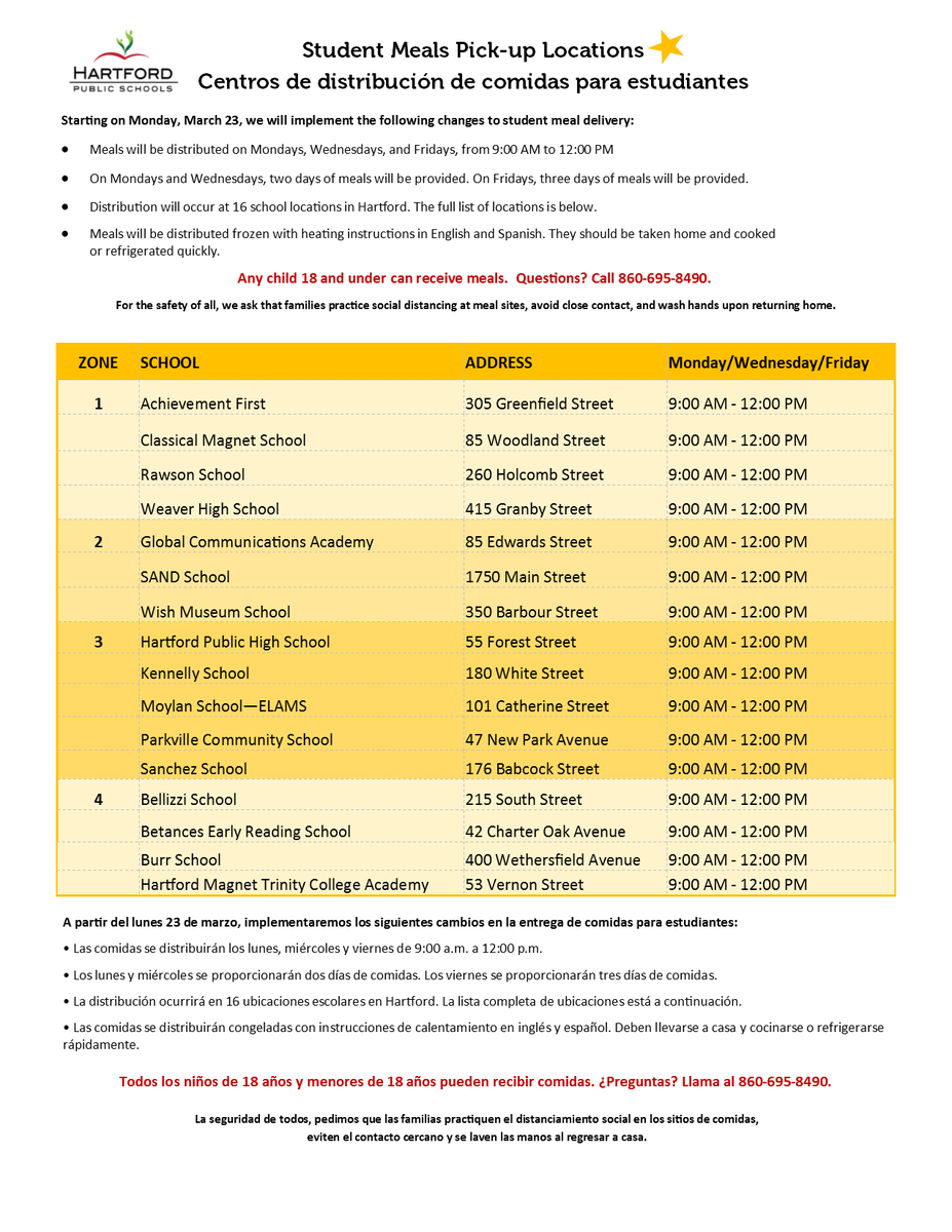 Hartford_Public's tweet photo. Update on Student Meals delivery: Starting Mon., 3/23, meals will be distributed Mondays, Wednesdays, &amp; Fridays, 9AM-12PM. (2 meals on M, W; 3 meals on F.) See list of new sites for pickup -- &amp; technology news -- at https://t.co/kHQvpNU3lQ @HartfordSuper @bruni_brunella https://t.co/9msuhRsuuA