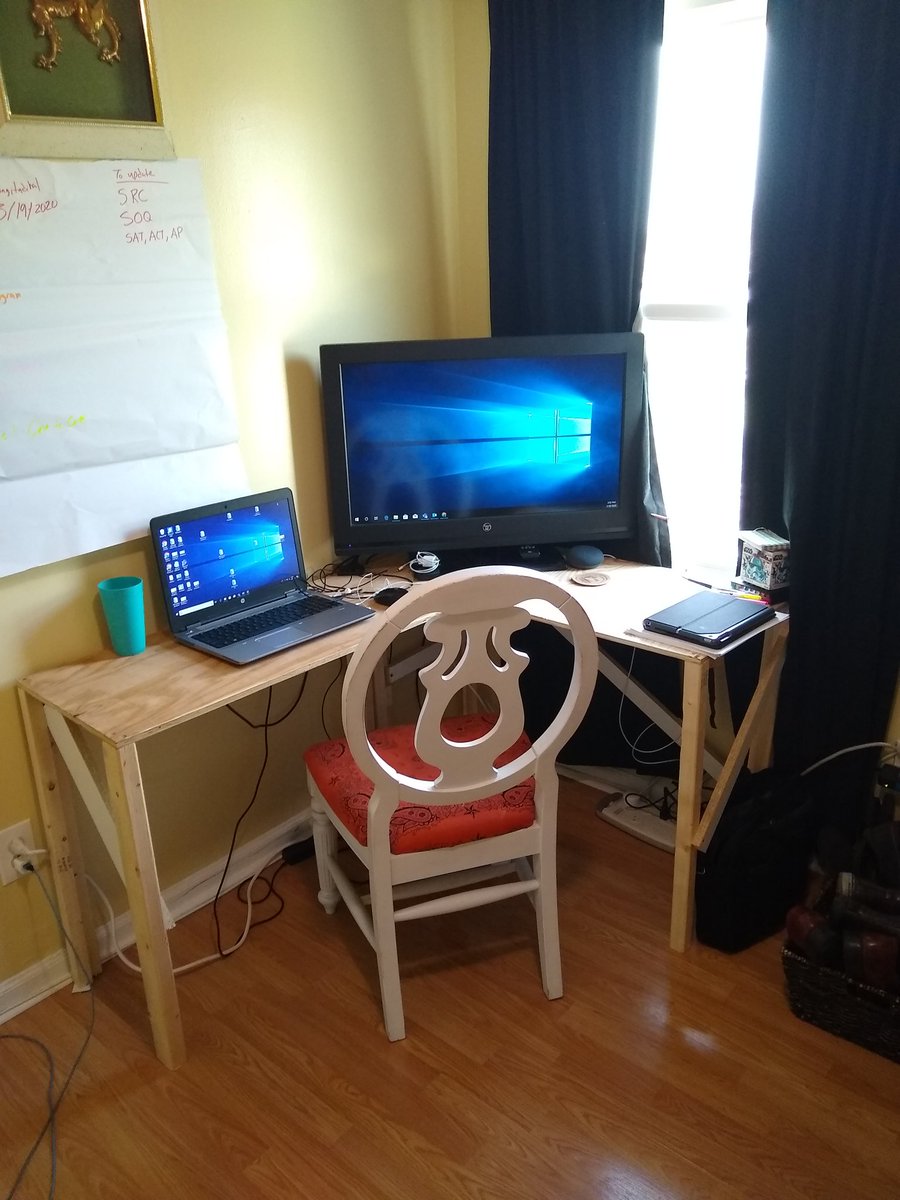 EDresearchVB's tweet photo. I didn't have an office in my 🏡 so it started out rough but thankfully I had a large scrap pile of wood and an extra tv to use as a monitor so I was able to finish the week with this workstation 😅 #wearevbschools #VBAlwaysLearning https://t.co/UtyagZ65sA