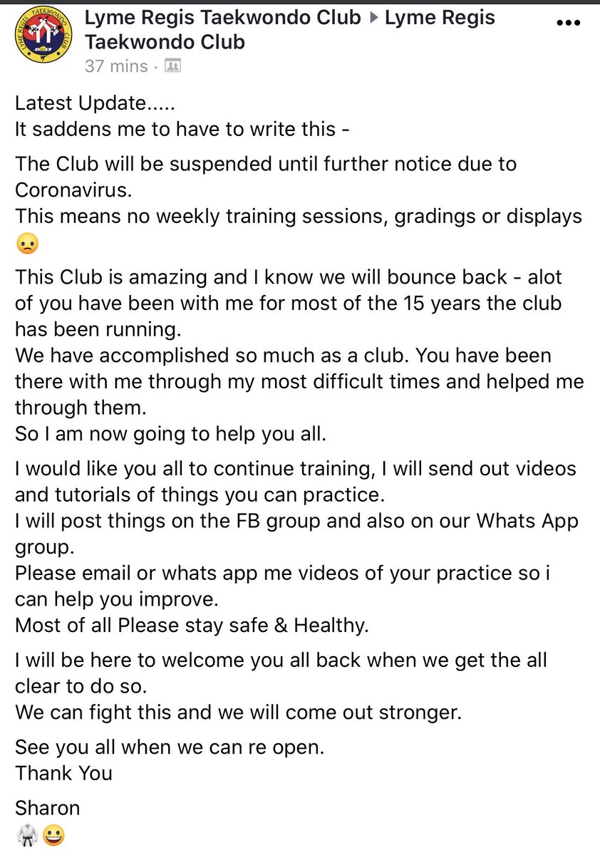 LymeRegisTKD's tweet photo. Latest sad update... we will be back 😃🥋💪👊 #TKD #Togetherness #Lymeregis #coronavirus #StrongerTogether #amazingclub https://t.co/Wr9Mr7WZP1
