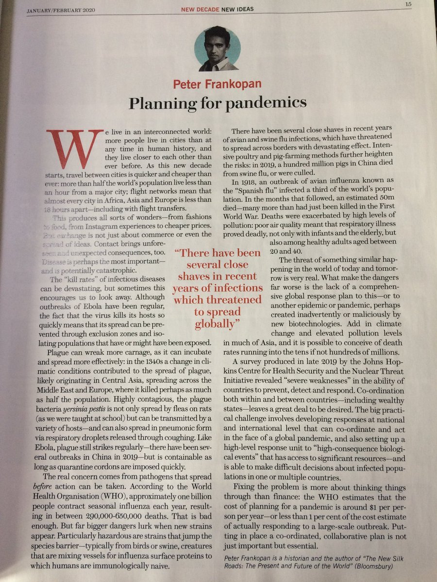 amolrajan's tweet photo. Wow. I knew @peterfrankopan was a renaissance man, best-selling Historian etc, albeit a most peculiar batsman. But this is on another level. 

Written in December without any knowledge of #COVID19, this must be one of the most prescient articles ever published by a UK magazine https://t.co/4xUCzOiERN
