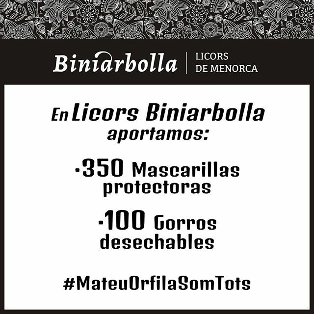 En Licors Biniarbolla queremos colaborar en esta situación de alarma sanitaria, aportando 350 mascarillas y 100 gorros desechables al equipo de urgencias del Hospital Mateu Orfila.

Asimismo, hacemos extensivo su mensaje:

Si eres una empresa de #Menorca… ift.tt/2J60aTz