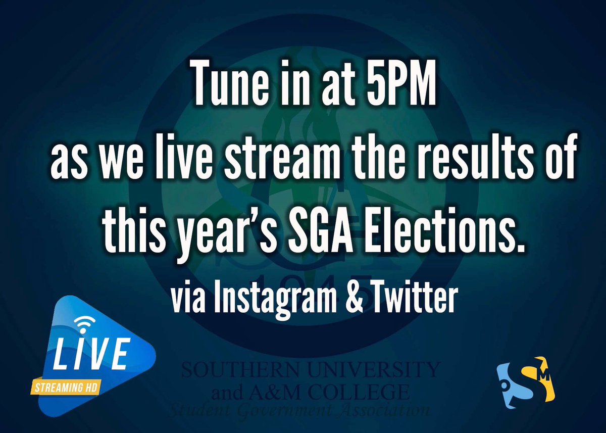 SouthernUOSM's tweet photo. Be sure to follow us on Twitter and Instagram to see the LIVE results from this semester’s #SUElections. Live stream will start at 5:00pm CST.
#StudentMedia #SU23 #SU22 #SU21 #SU20 #GoJaguars #BeAwOSM #SUS_RYS20 #SouthernU_RYS20 https://t.co/bGtHxeOByn