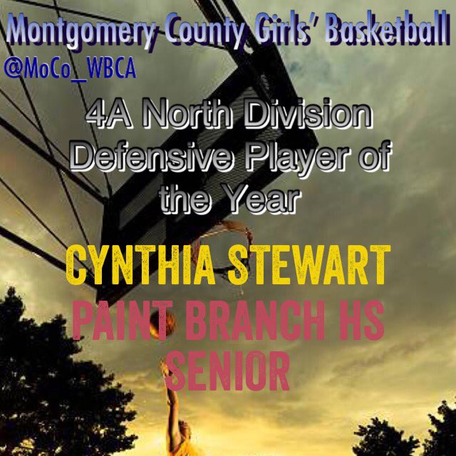 moco_wbca's tweet photo. The #MCPS #4ANorthDivision #DefensivePlayeroftheYear is Cynthia Stewart of @pbhs_sports! She averaged 5 steals per game ๐๐๐โน๏ธ๏ฟฝ๏ฟฝ๏ฟฝโ๏ธ helping #PaintBranch to division & region championships. #MoCoWBCA #DPOY #AllMets https://t.co/S2kazsstun