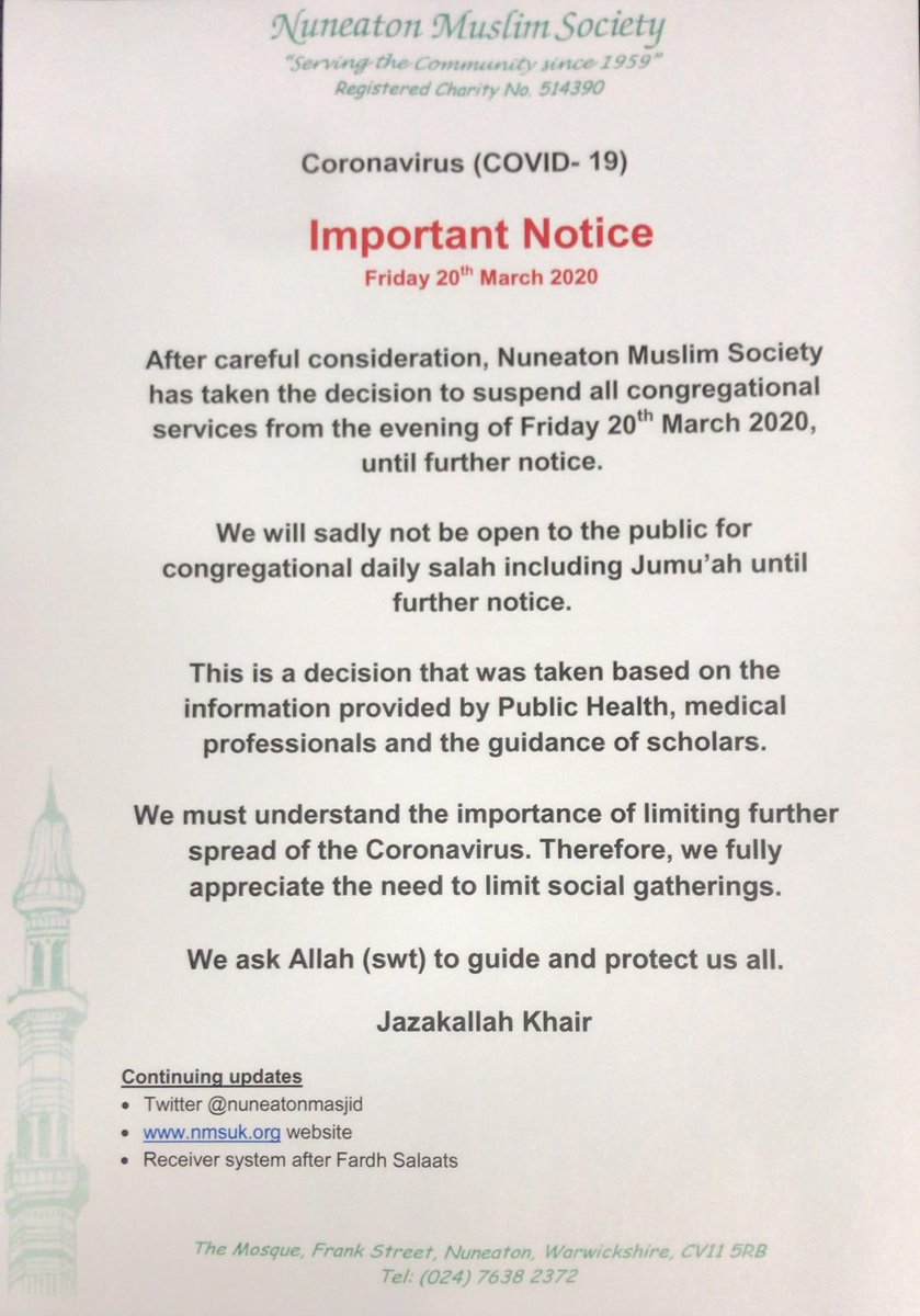 nuneatonmasjid's tweet photo. It is with a heavy heart that we make this announcement. 

May we all be blessed with good health, Ameen https://t.co/DyRXvsp7Cv