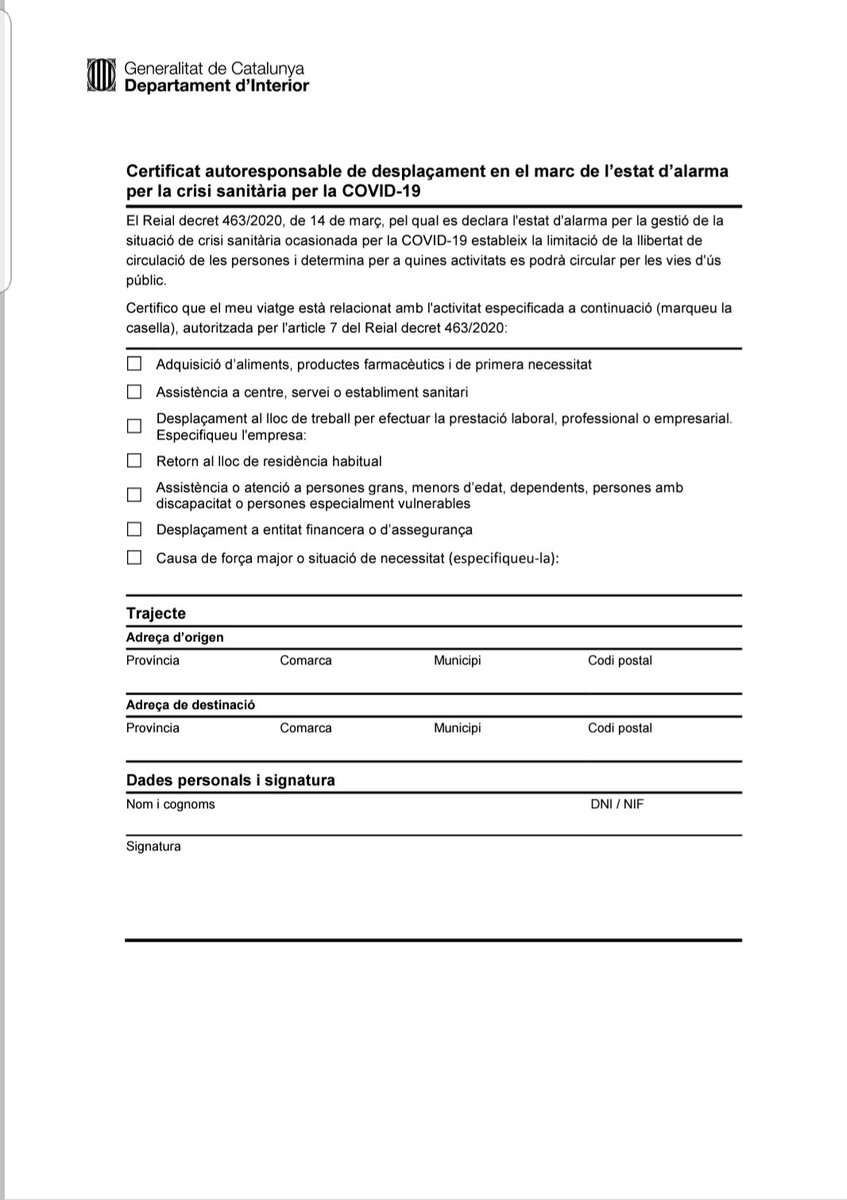 emergenciescat's tweet image. 🔴IMPORTANT #ProteccióCivil edita 1 model de Certificat autoresponsable de desplaçament en el marc d'estat d’alarma per facilitar a tothom acreditar que la mobilitat es fa per 1 de les causes autoritzades. ENTRA EN VIGOR DILLUNS A LES 00.00 h. 
Enllaç interior.gencat.cat/web/.content/h…