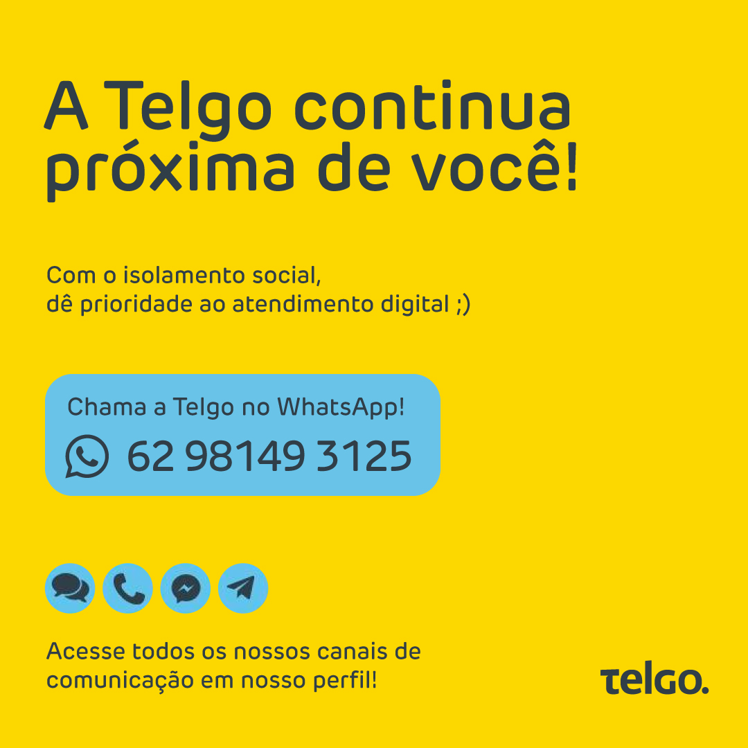 TelgoTelecom's tweet photo. Com as lojas fechadas e o número de teleatendimento reduzido em prevenção ao Covid19, incentivamos a todos a usarem nossos canais digitais! Estamos via Chat online, Redes sociais e WhatsApp! Acesse nosso perfil que os links estão lá ;) Se cuidem, lavem as mãos, fiquem em casa https://t.co/ycgHawcEYe