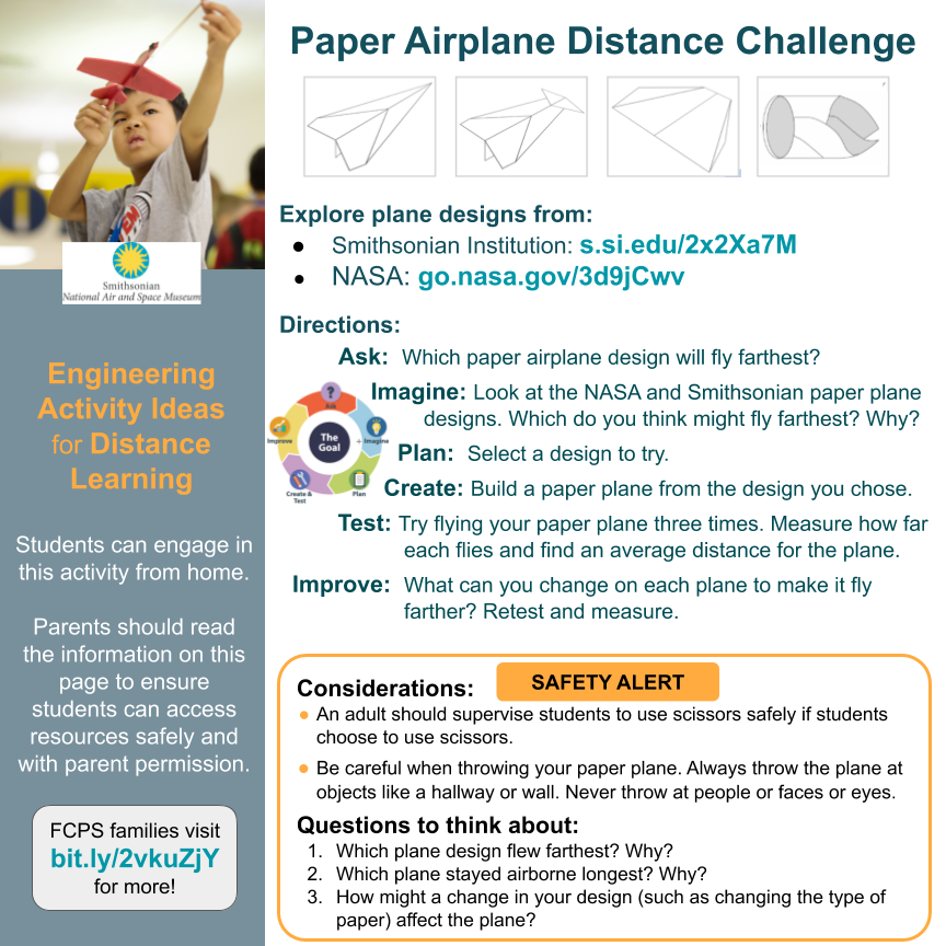 FCPSSTEAM's tweet photo. How far can a paper plane fly? Imagine, engineer, and improve paper airplanes in this activity inspired by @NASASTEM @airandspace. Tag @FCPSSTEAM to share your designs. @prc_fcps @fcpsnews @FSP_FCPS @childsci @STEMconnector FCPS families visit https://t.co/lOZWKx5L7D for more. https://t.co/Vco8cVA3dd