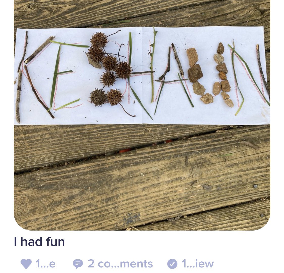 SunnyAtSanders's tweet photo. Today as part of digital learning day 5 we had a FUN Friday assignment. I built my name out things outside &amp; challenged my kiddos to post their creations to their @ClassDojo student account! https://t.co/h4eBmrAqBf