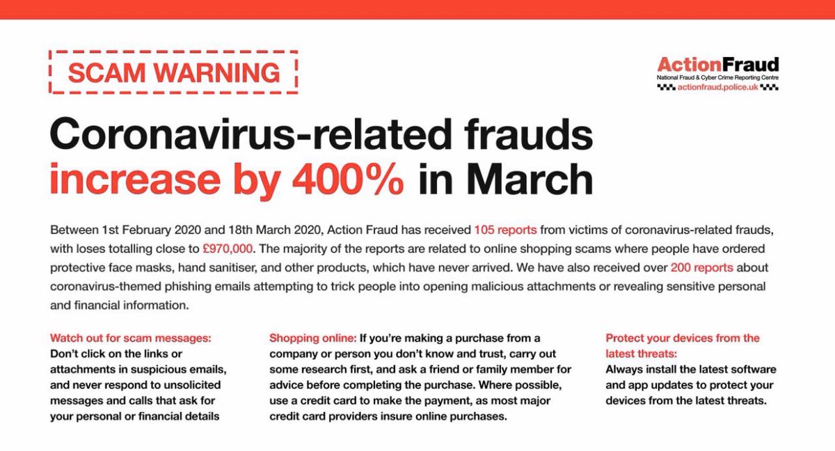 🚨ALERT 

Criminals using #Covid_19 to prey on your loved ones.

Fraudsters get into homes via:

phone
emails
texts
letters
door step 

Help prevent financial and emotional harm.

Cold call, text,email, letter or knock at the door?

<a href="/TakeFive/">Take Five</a>, VERIFY via a trusted method #Tell2.