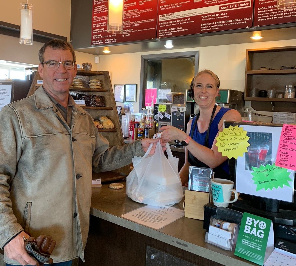 Tim Longworth stopped by Dr Java's Coffee House today for some take-out treats for our staff. We are waiting by the phones to help you with your insurance needs. Give us a call at 306-763-8635. Supporting local businesses during this time is important. 😁 #WeAreInThisTogether