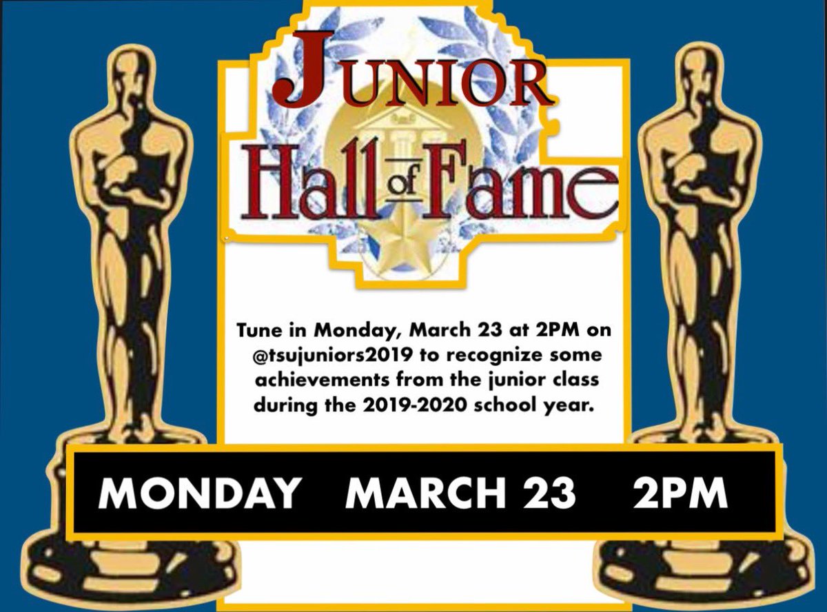 TSUOSA's tweet photo. βJunior Hall of Fameβ will showcase achievemennts from the junior class. The 2019-2020 school year has been a difficult one for everybody, but we are still #ONTENN Monday at 2PM @tsujuniors2019 #TSUVirtualPrograms #WeOnTENN ππ€π
https://t.co/bGkRzxVaPn
