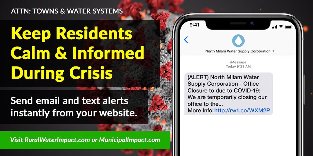 NRWA's tweet photo. Affinity Partner @RuralWaterImpac and Municipal Impact offers powerful and affordable website solutions that let you keep your residents informed during a crisis. Contact them to learn more about these options. #RuralWater #AffinityPartner https://t.co/7fqjMFM64q