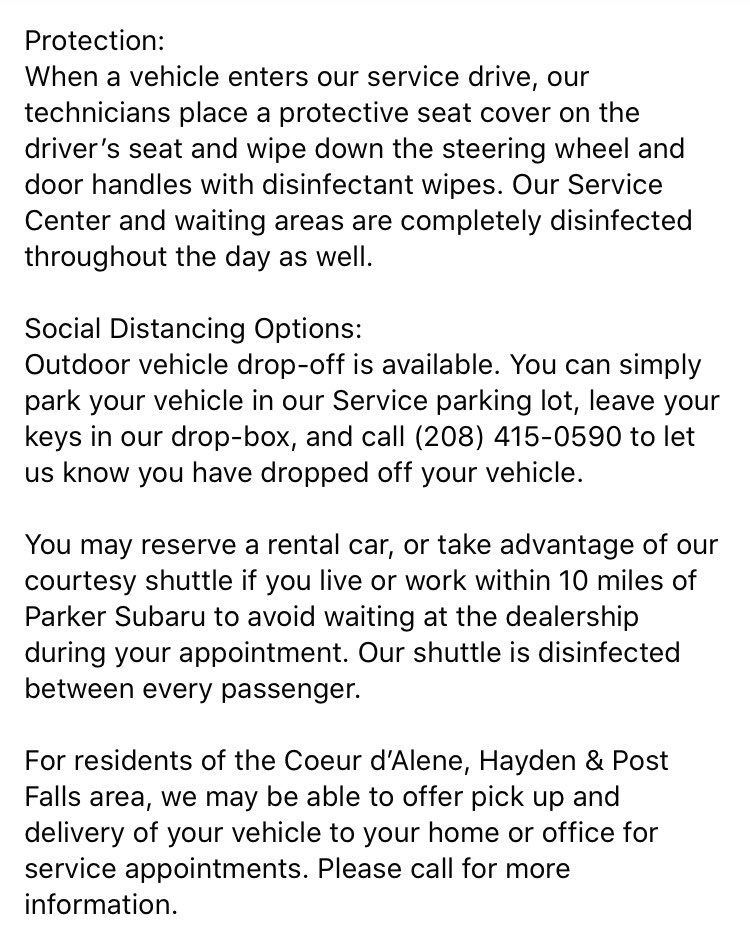 parker_subaru's tweet photo. In an effort to protect our customers and staff, we have instituted preventative safety measures and have several services in place within our Service Center to help provide peace of mind as we navigate this challenging time.

Schedule online: https://t.co/HcSOM2NIBv or call! https://t.co/nUqCIxFhYh