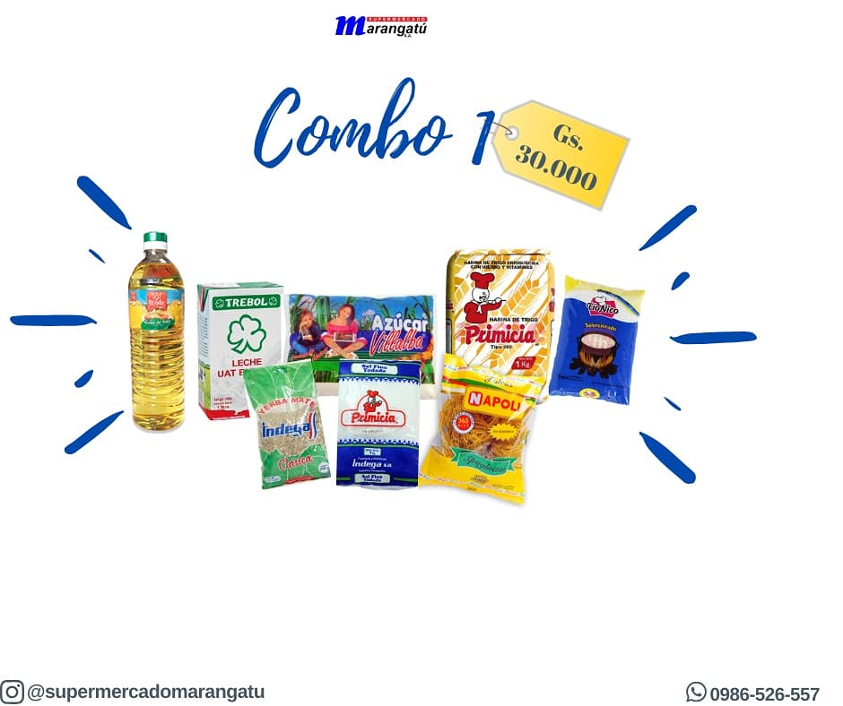 Fatidiazm's tweet photo. En el supermercado Marangatu S.A. Estamos ofreciendo estos combos super económicos con el fin de evitar aglomeración dentro y fuera del súper. Pedís al whatsapp 0986-526-557 y pasas a retirar directo. Avisale a tu mama, tía, suegra, prima!!!! https://t.co/zvLuN5n4ms