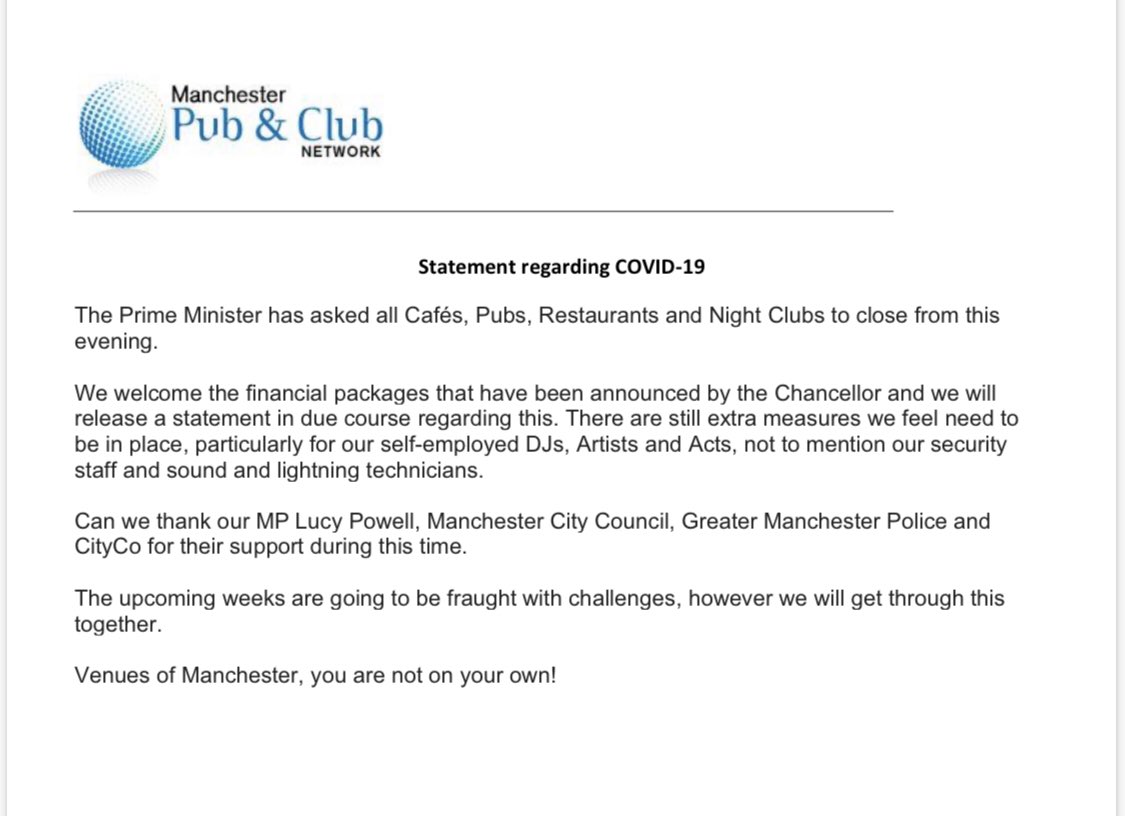 STATEMENT from Manchester Pub and Club network regarding COVID-19
@GMPCityCentre @CityCo @BarPopMCR @LucyMPowell @MCCCityCentre @PhilipBurke1 @patkarney @Carmines62 @garethmanc @frogandbucket @fraserswift