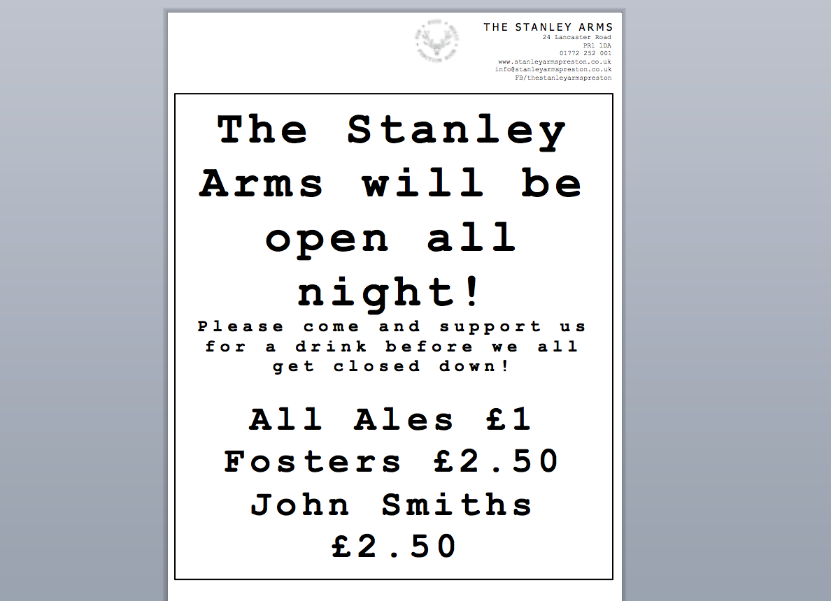 StanleyArmsPR1's tweet photo. OPEN ALL NIGHT GUYS!  Come and enjoy your last night in the pub - special drinks offers on! https://t.co/5YQaF8YD2y