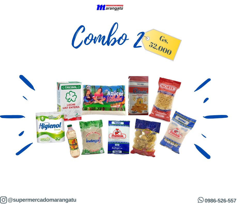 Fatidiazm's tweet photo. En el supermercado Marangatu S.A. Estamos ofreciendo estos combos super económicos con el fin de evitar aglomeración dentro y fuera del súper. Pedís al whatsapp 0986-526-557 y pasas a retirar directo. Avisale a tu mama, tía, suegra, prima!!!! https://t.co/zvLuN5n4ms