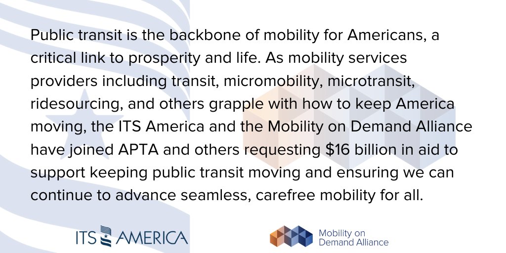 "The Intelligent Transportation Society of America (<a href="/ITS_America/">ITS America</a>  &amp; <a href="/TheMODAlliance/">Mobility On Demand Alliance</a> ) strongly supports $16 billion in direct emergency funding to public transit agencies..." 

Read more: bit.ly/ITSAMODAEF

<a href="/APTA_Transit/">PublicTransportation</a>  #transit #transportation #Covid_19 #mobility