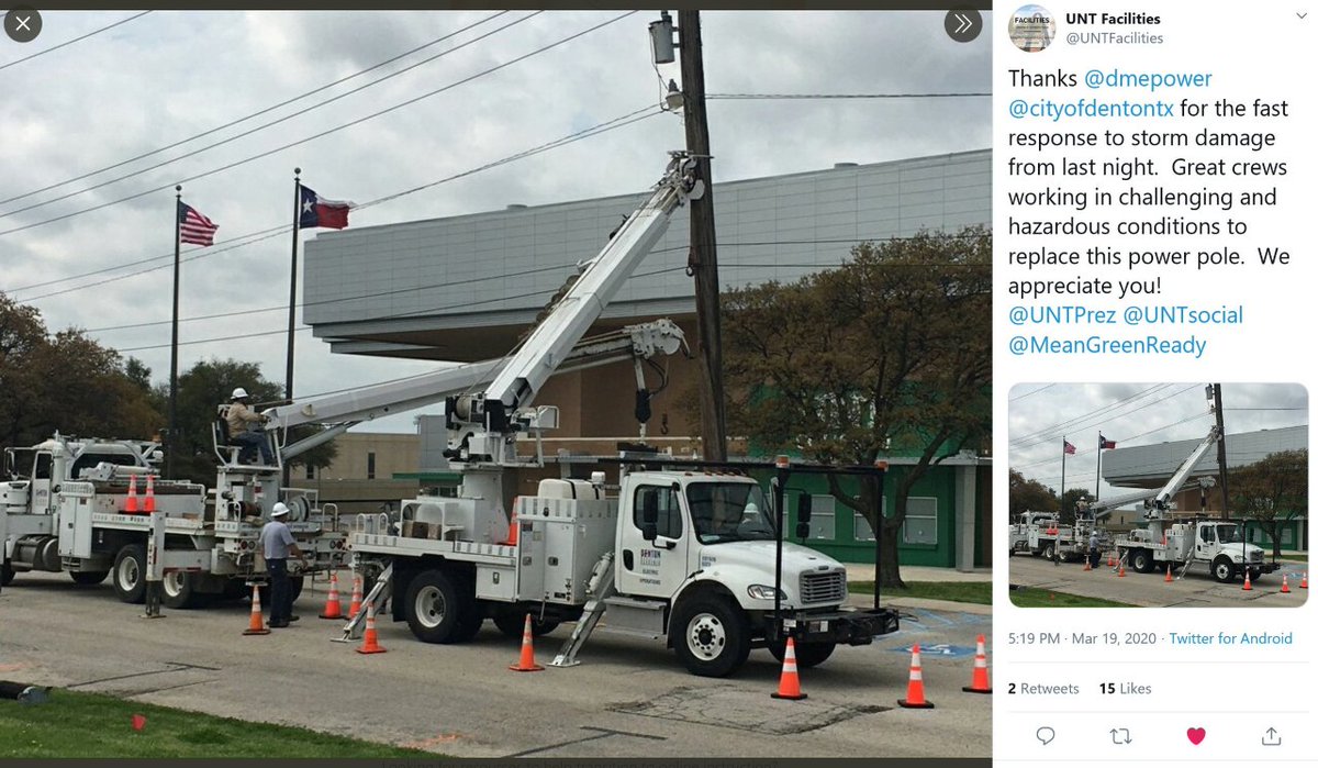 Help us give a big👏shoutout to <a href="/dmepower/">Denton Municipal Electric</a> crews for replacing 69kv poles damaged by severe storms early this week. While some of us are home during this crisis, please keep in mind that our dedicated field personnel does not have that option.