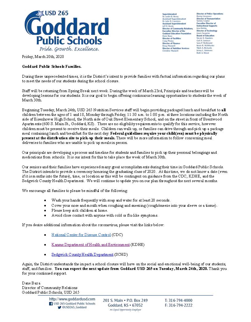 USD265_Goddard's tweet photo. Please read this important message about school closures here: https://t.co/ZurNgNsKPD
Para leer en español, haga clic aquí.:  https://t.co/OGAqvIu1sT
Để đọc bằng tiếng việt, bấm vào đây:  https://t.co/jjcAomlXfw

For future updates, please visit https://t.co/NN0r2PFqn3. https://t.co/EBuJuAhhIV