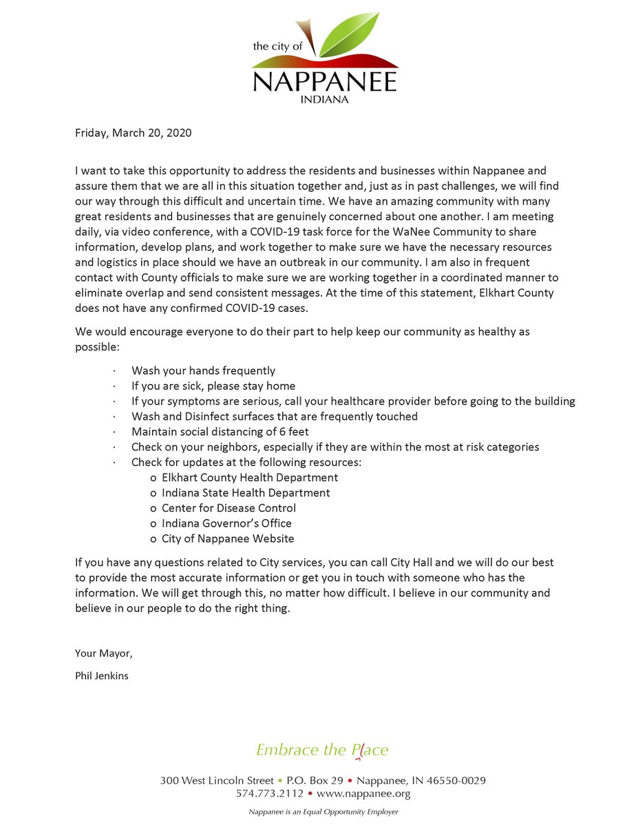 NappaneeIndiana's tweet photo. MAYOR JENKINS STATEMENT:
Attached is an update and statement from Mayor Jenkins. 

"We encourage everyone to do their part to help keep our community as healthy as possible" https://t.co/NtYYfrOo1Z