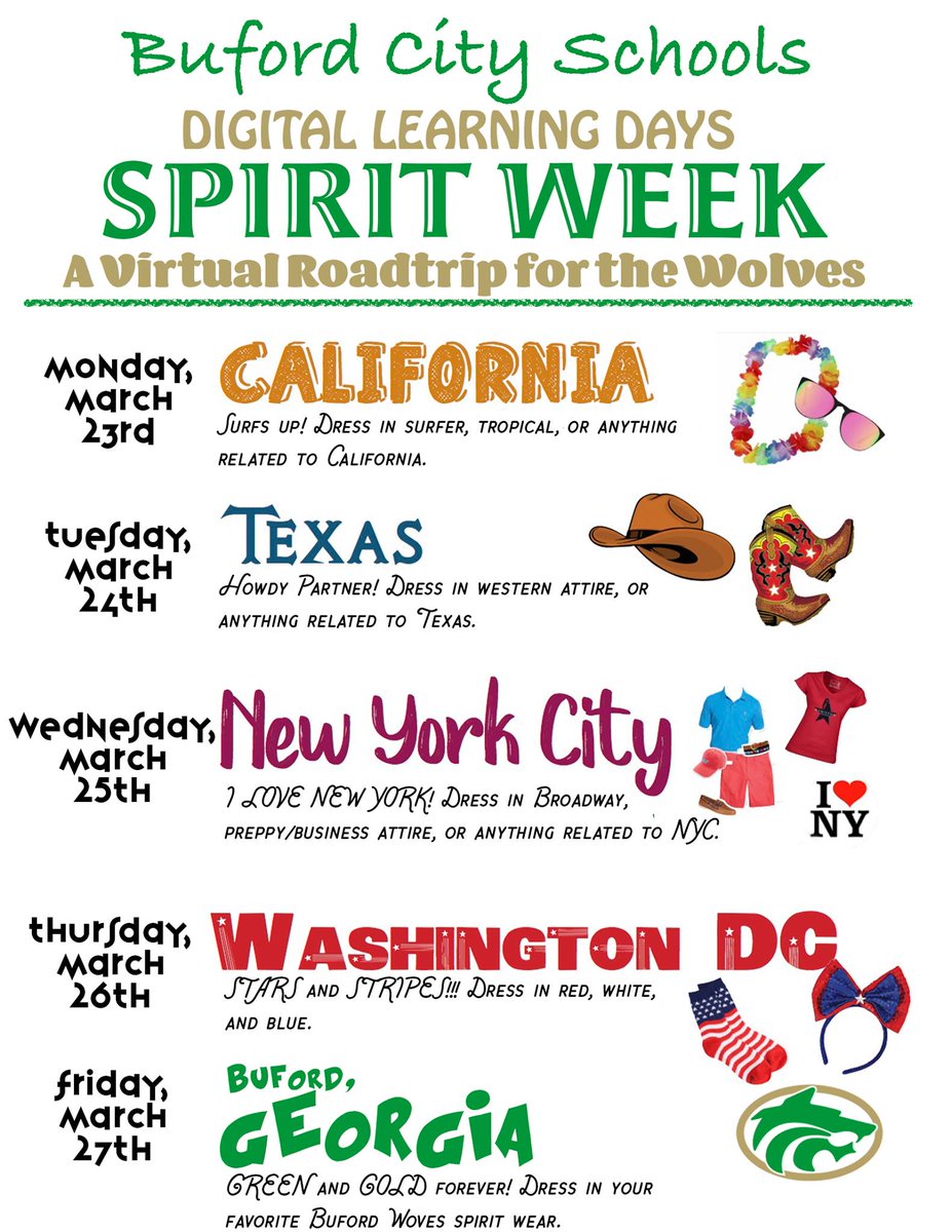 BufordHS's tweet photo. Join us next week for Spirit Week! Tag us in your pictures @BufordHS! Go Wolves! https://t.co/5aH54rhKH2