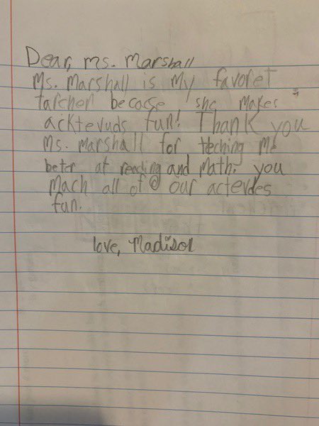aoeamarshall's tweet photo. I love being a teacher! 🥰 One of my students wrote this as their Friday writing! Oh how my I miss my babies! 💜 https://t.co/MXrHwica32