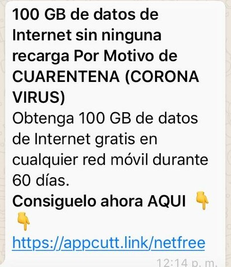 ciberlawyer's tweet photo. #Ciberdelincuentes se aprovechan de la pandemia #coronavirus para pescar incautos. Difusión masiva de mensaje vía WhatsApp, que te promete regalar 100 GB para navegar. Está muy activo en varios países de #Latinoamérica. Hacer caso omiso al mensaje y no compartirlo. https://t.co/0NQPY0Fi4J