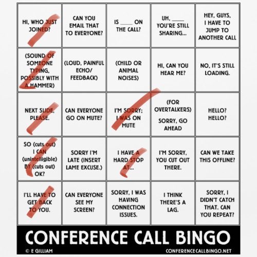 jayferro's tweet photo. On the plus side, I’m killing it at conference call bingo.  #FridayThoughts #SocialDistancing #CIOchat https://t.co/A415J18DKP