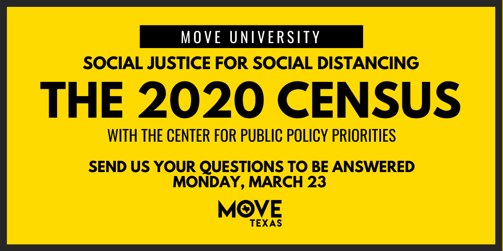 MOVE_texas's tweet photo. Lesson 2: The 2020 Census
Census forms should be in the mail (have you checked your mail lately??) You may have some questions about how and why to fill it out - we got you. Our friends at @CPPP_TX will join us on Monday to chat so send drop your questions below. #Census2020 https://t.co/k74gQz07tf