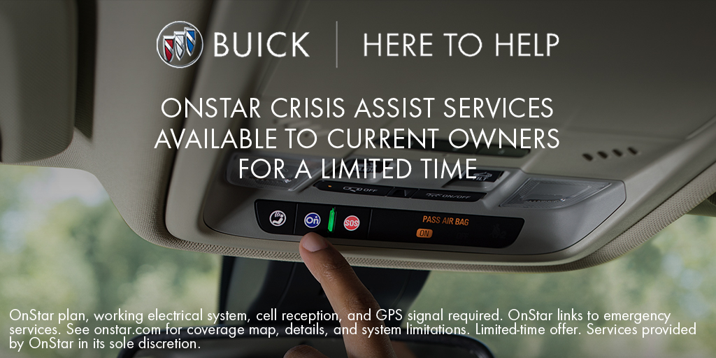 Buick's tweet photo. Buick is here to help. OnStar Crisis Assist services and 3GB/3 months of in-vehicle Wi-Fi data are available to current owners for a limited time. Access Advisors who are ready to help 24/7 during emergencies and other unexpected situations. Get Details at https://t.co/To5Jg7thqk https://t.co/j0cMCu8QS0