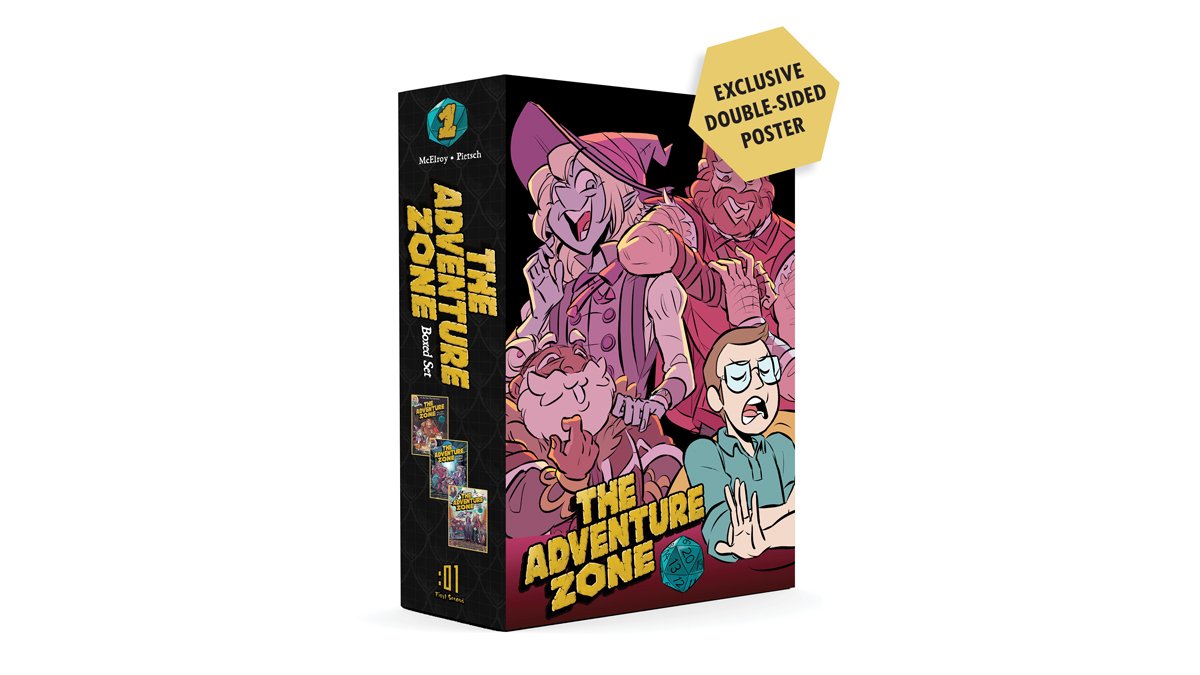 01FirstSecond's tweet photo. Attention #thezonecast fans! This is your first look at The Adventure Zone graphic novel boxed set. It collects the trade paper versions of the first three books in the series, and has never-before-seen bonus content. Coming your way 10.13.20! https://t.co/T3Irt8V4i7