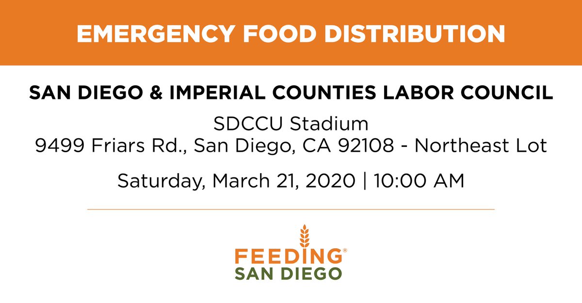 FeedingSanDiego's tweet photo. There will be an emergency food distribution tomorrow (3/21) at the SDCCU Stadium, 9499 Friars Rd. at 10AM. Please help spread the word. To find food or get help, go to: https://t.co/8nUvDYk838. 
#FeedingSanDiego #COVID19 #CoronaVirus #EmergencyFoodDistribution #SanDiegoCounty https://t.co/35vEDFbLjF