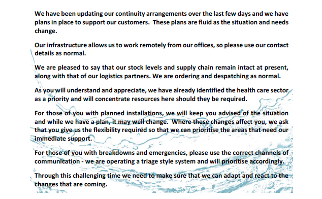 MESSAGE TO ALL OUR CUSTOMERS                      COVID-19

Please be assured that we at Kannegiesser are working hard to ensure that we continue to offer service and spare parts support to your business.