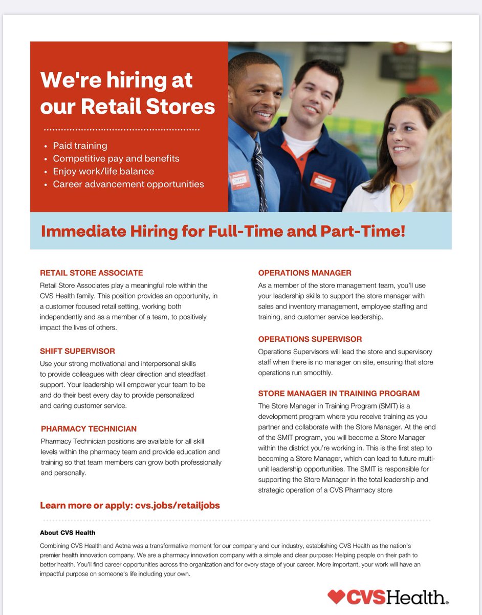 #CVSHealth is HIRING for many locations!!!❤️. For those that may have been displaced from work and are now in search of a new career, please apply at 
cvs.jobs/retailjobs 
#cvs #cvscares #oneteam #pharmacy #retail #workavailable